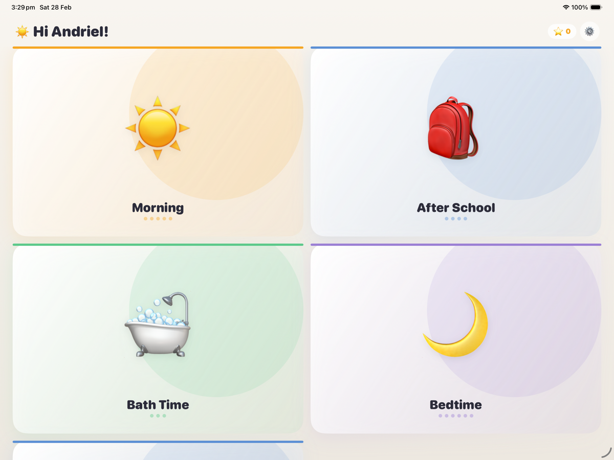 Routinely app home screen showing colorful routine cards for Morning, After School, Evening and Bedtime routines