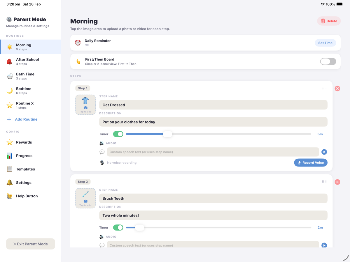 Parent mode settings and customization