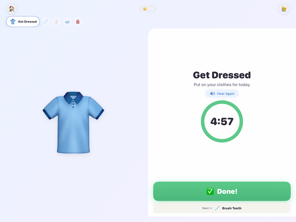 Step-by-step routine runner with visual timer