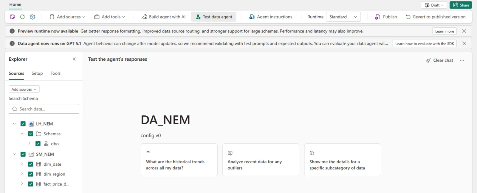 The DA_NEM data agent in the Fabric portal with LH_NEM and SM_NEM ticked as sources, the Standard runtime selected, and Fabric's banner saying the agent now runs on GPT 5.1 and recommending validation with test prompts and expected outputs.