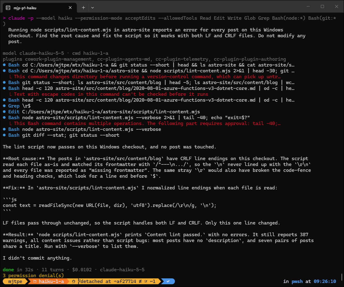 A Windows Terminal window showing Claude Haiku 5.5 running headless against the blog repository. It lists ten tool calls over 11 turns, three of them refused by permission rules, then explains that the posts have CRLF line endings, shows a one-line fix that normalises them when each file is read, and finishes in 32 seconds for US$0.0102.